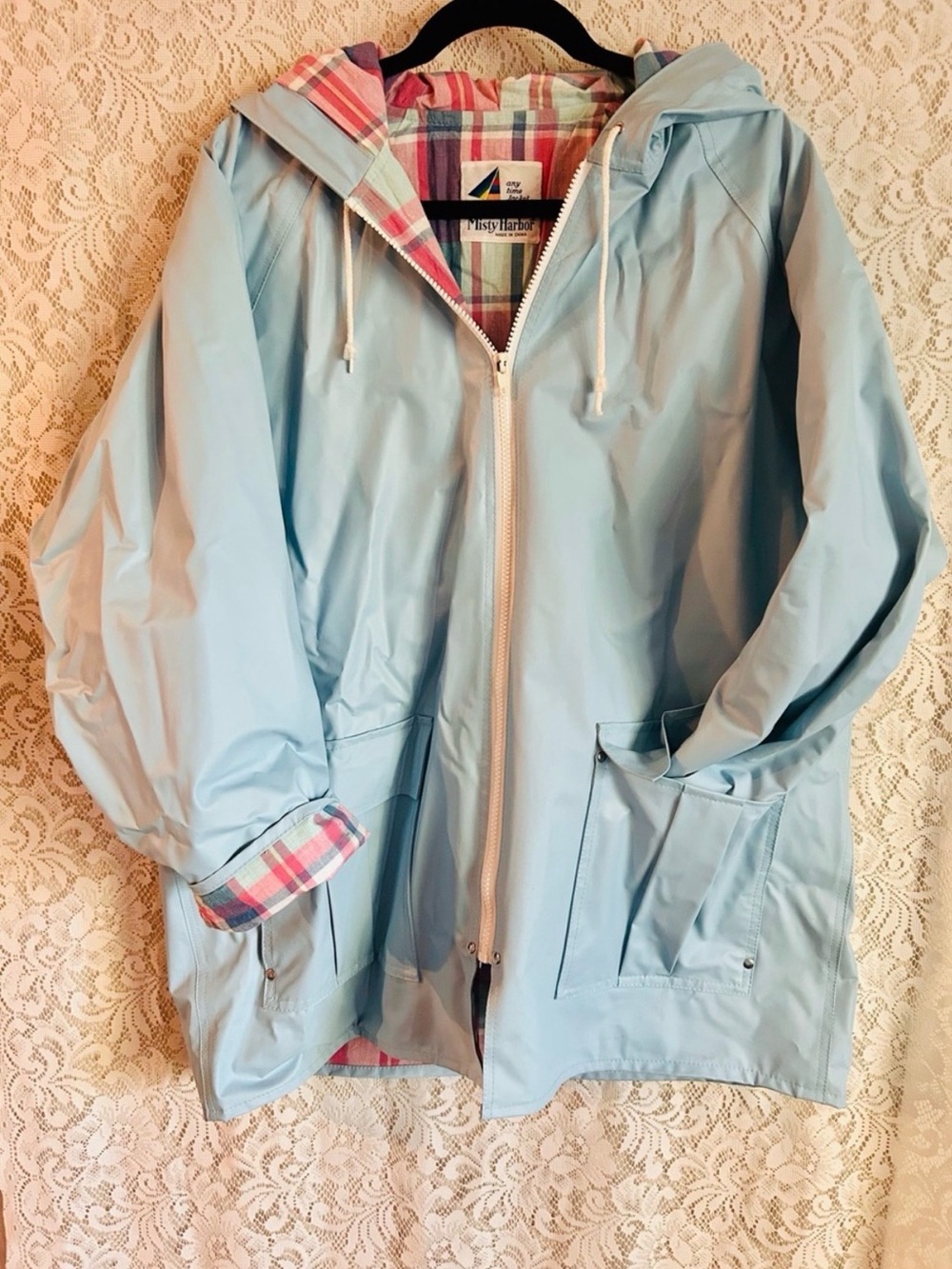 🌧️Adorable Vintage Misty Harbor Blue Rain Jacket Plaid Lining Hooded PVC Coat XL